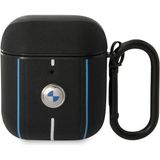 BMW Airpod Uyumlu Pu Deri Mavi Beyaz Çizgili Metal Logolu Kılıf Siyah