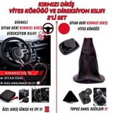 Bmw E39 Uyumlu Siyah Deri Kırmızı Dikiş Direksiyon Kılıfı ve Vites Körüğü 2'li Set