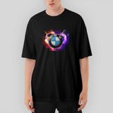 BMW Heart Colorful Logo Oversize Siyah Tişört