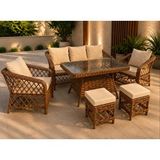 BN GARDEN Bn Garden Safir 3+1+1 Camli Masa +2 Puf Rattan Balkon Bahçe Mobilyalari Kahverengi