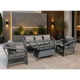 BN GARDEN Bngarden Safir Gri 3+1+1 Camli Masa +2 Puf Rattan Balkon Bahçe Oturma Grubu
