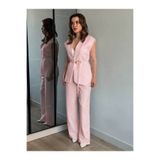 BNGL Boutique Açık pembe yelek& pallazo pantolon& gold kuşaklı takım