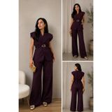 BNGL Boutique Mürdüm yelek& pallazzo pantolon & gold kuşak takım