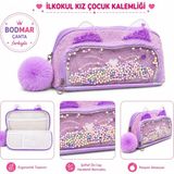 Bodmar Çanta Since 2023 Kedi Desenli Ilkokul Kız Çocuk Kalemlik Lüks Kalem Kutusu Organizer Çift Bölmeli Boncuklu Üç Bölmeli Süslü Kalem Çantası - Mor - Açık Pembe
