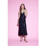 Bodycon Vücudu Saran Basic Düz Saten Kolsuz Maxi Siyah Elbise
