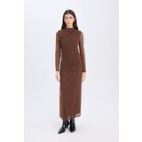 Bodycon Vücudu Saran Yarım Balıkçı Yaka Tül Uzun Kollu Maxi Elbise