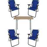 Bofigo 60X80 Çam Desenli Katlanır Masa + 4 Adet Katlanır Sandalye Kamp Seti Bahçe Takımı Mavi - Polyester