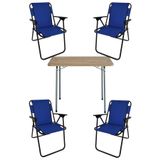 Bofigo 60x80 cm Çam Desenli Katlanır Masa + Katlanır Mavi 4 Adet Sandalye Kamp Seti