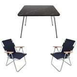 Bofigo 60X80 Granit Desenli Katlanır Masa + 2 Adet Katlanır Sandalye Kamp Seti Bahçe Balkon Takımı Lacivert