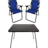 Bofigo 60X80 Granit Desenli Katlanır Masa + 2 Adet Katlanır Sandalye Kamp Seti Bahçe Takımı Mavi - Polyester