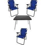 Bofigo 60X80 Granit Desenli Katlanır Masa + 3 Adet Katlanır Sandalye Kamp Seti Bahçe Takımı Mavi - Polyester