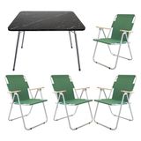 Bofigo 60X80 Granit Desenli Katlanır Masa Ahşap Metal Akrilik Kumaş 4 Kişilik Kamp Seti - Yeşil