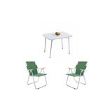 Bofigo Beyaz 60x80 cm Kamp Masası + Katlanabilir Ahşap Kollu 2 Adet Yeşil Kamp Sandalyesi