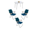Bofigo Katlanır Beyaz Mermer Desenli 60x80 cm Kamp Masası + Katlanabilir Ahşap Kollu 3 Adet Mavi Sandalye Kamp Seti