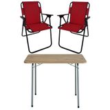 Bofigo Katlanır Çam Desenli 60x80 cm Masa + Katlanır Kırmızı 2 Adet Sandalye Kamp Seti
