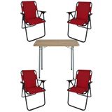 Bofigo Katlanır Çam Desenli 60x80 cm Masa + Katlanır Kırmızı 4 Adet Sandalye Kamp Seti