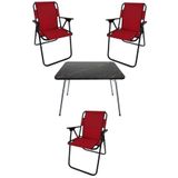 Bofigo Katlanır Granit Desenli 60x80 cm Masa + Katlanır Kırmızı 3 Adet Sandalye Kamp Seti