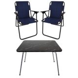 Bofigo Katlanır Granit Desenli 60x80 cm Masa + Katlanır Lacivert 2 Adet Sandalye Kamp Seti
