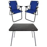 Bofigo Katlanır Granit Desenli 60x80 cm Masa + Katlanır Mavi 2 Adet Sandalye Kamp Seti