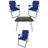 Bofigo Katlanır Granit Desenli 60x80 cm Masa + Katlanır Mavi 3 Adet Sandalye Kamp Seti
