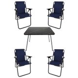 Bofigo Katlanır Granit Desenli 60x80 cm Masa + Katlanır Mavi 4 Adet Sandalye Kamp Seti