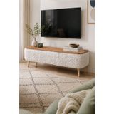 Bofigo Sandıklı Tv Ünitesi Teddy Kumaş Kaplamalı Ahşap Ayaklı Modern Tv Ünitesi Sarven Beyaz