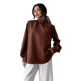 Boğaz Büzgülü Uzun Kollu Krep Bluz (Kahverengi, XL)