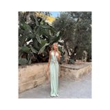 Bohai Design Mint Yeşili V Yaka Gold Aksesuarlı Drapeli Saten Uzun Elbise