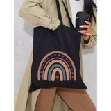 Bohem Rainbow Siyah Kanvas Tote Bag Bez Çanta, Pinterest Çanta, Kitap Çantası - 10D-Krem