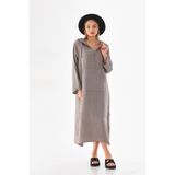Bohem Stil Bohomiyan İtalyan Cepli Şapkalı Keten Elbise(125 CM) - Standart - Vizon