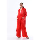Bohem Stil Italyan Ipek Detaylı Oversize Kap Bluz- Wes Pantolon Takım