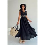 Bohem Style Yırtmaçlı Nakışlı Keten Dokuma Helen Elbise Maxi Boy Tam Kalıp TYCIBU74DN169036855938562