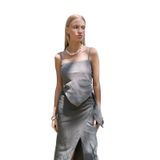 BOHEMAİ Kita Üçgen Detay Çizgili Füme Keten Crop Bluz, Kadın, XS-S