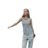 BOHEMAİ Veilinas Asimetrik Füme Keten Crop Bluz, Kadın, L Beden