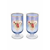 Bohemia Kristal Tarzı Mavi Cam Güllü Ayaklı Kadeh, Altın Detaylı, 11 cm, 2'li Set