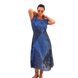 Bohemian Kadın Mavi Patchwork Kısa Kollu Uzun Elbise mavi M
