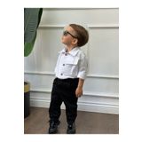 bohemiankids baby wear Beyaz Keten Gömlek Pamuklu Siyah Klasik Pantolon Takım 123