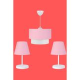 Bohhem Artgift Beyaz Gövdeli Üçlü Avize Ve Abajur Seti Pembe Kumaş Pembe 30 x 20