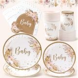 Boho Baby ShowerDecoration Tabaklar ve Peçeteler Sofra Takımı, 24 Misafir için, Pampa Çimi, Çiçekli Kağıt Tabak, Bardak Tasarımı, Nötr Bebek Duşu, Kız Erkek Bohem Parti Malzemeleri