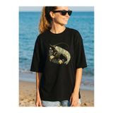 BOHO KARİDES BASKILI OVERSİZE PAMUKLU SİYAH KADIN T-SHİRT WER57SB
