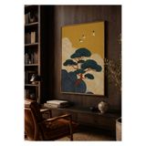 Boho wellness studio Ahşap Çerçeveli Japon Çam Ağacı ve Uçan Kuşlar Dekoratif Poster Tablo
