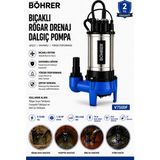 Böhrer V750DF Bıçaklı Rögar Drenaj Dalgıç Pompa 1.10 Hp 300 L/dak Kirli Su Foseptik ve Atık Su Tahli