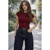 Boi Kadın Siyah Beyaz Bisiklet Yaka Likralı Karpuz Kol Bluz Yazlık Crop Esnek Kumaş T-shirt