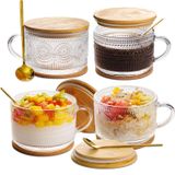 BOICHU Vintage Kahve Kupaları Züccaciye Seti 4-14 oz Sızdırmaz Gece Yulaf Kapları Kapaklı ve Kaşıklı, Bambu Kapaklı Hobnail Cam Bardaklar, İdeal Kahve Barı Aksesuarları, Kahve, Çay, Hediye vb. İçin Mükemmel