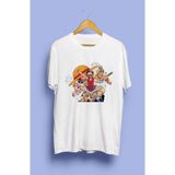 Bol Kalıp One Piece Hasır Şapka Korsanları Tasarım Baskılı Tişört - Beyaz - XL