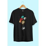 Bol Kalıp Unisex Astronot Balon Uzay Tasarım Baskılı Tişört - Siyah - XL