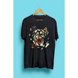 Bol Kalıp Unisex Iskelet Karga Gül Çiçek Tasarım Baskılı Tişört - Siyah - XL