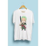 Bol Kalıp Unisex One Piece Zoro Tasarım Baskılı Tişört - Beyaz - XL