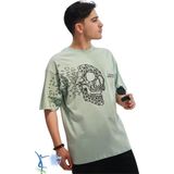 Bol Kesim Kuru Kafa Desenli Unisex T-Shirt Tişört Over Size T-Shirt Kül Rengi