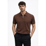 BOLD 2026 Yeni Sezon Fermuarlı Triko Polo Yaka T-Shirt Modern Çizgili Dokulu Erkek Yazlık Kahverengi